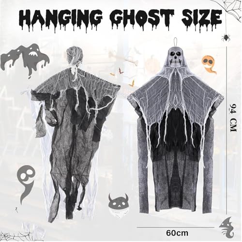 Image of Pop The Party Halloween Hanging Skeleton Ghost - Scary Skull Decoration with Flowing Fabric for Haunted House, Yard, Outdoor & Indoor Halloween Party Props