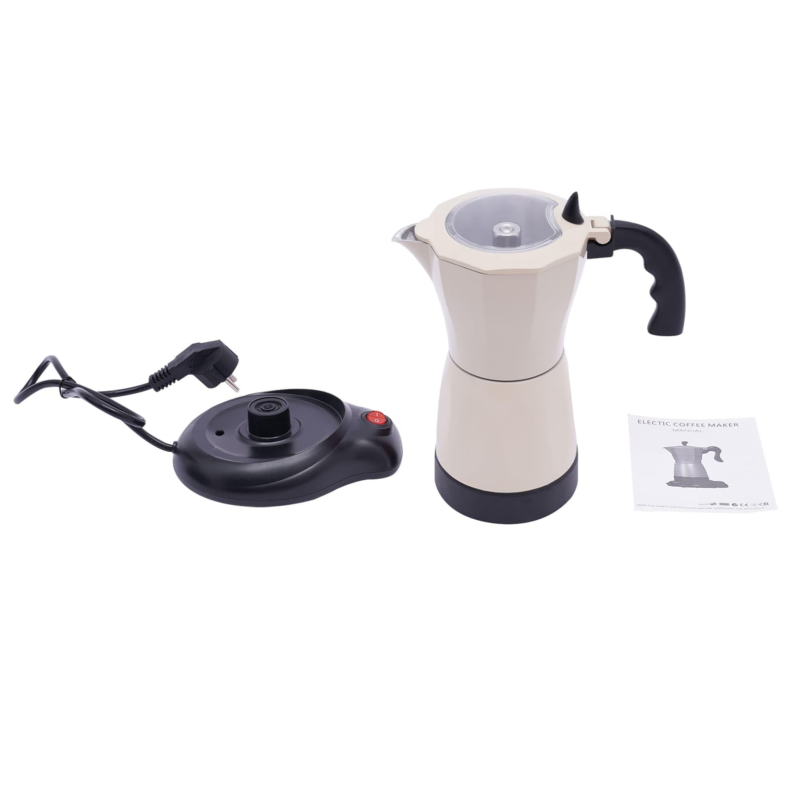 Cafetera eléctrica italiana con base para 6 tazas de café espresso, 300 ml, 480 W, aleación de aluminio, giratorio de 360 grados, 10,2 x 19,5 cm (blanco crema)