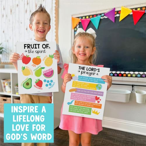 Image of Hadley Designs Sunday School Decorations for Classroom -9 Bible Posters for Kids, Books of the Bible, 10 Commandments, Bible Timeline Chart, Fruits of the Spirit, Rainbow Christian Classroom Decor