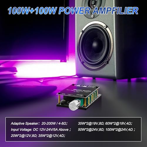 Image of ZK-1002 Bluetooth 5.0 Audio Amplifier Board, 100W x 2 2.0 Channel Mini HiFi Power Amplifier Receiver with Volume Control, BT and AUX Inputs, DC 5-27V Stereo AMP Module for Home DIY Speakers