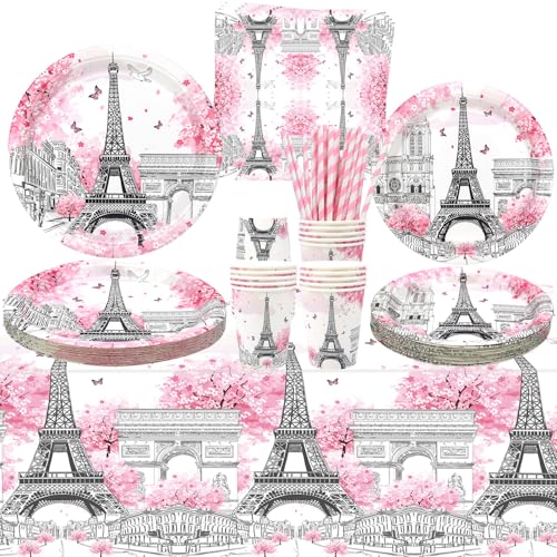 Paris Party Supplies - Eiffel Tower Party Tableware - Dinner Plates Desserts Plates Cups Napkins Tablecover Straws for Paris Birthday Party Decorations Baby Shower Supplies, Serves 20 (20)