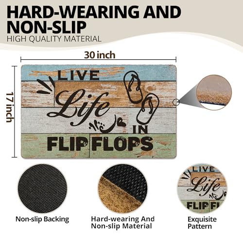XLDLIOO Farmhouse Flip Flops Door Mat, Summer Funny Doormat, Beach Coastal Welcome Front Door Mat Outside Indoor Entrance, Beachy Artificial Coir Doormats Rugs for Patio Entry Home Decor, 30x17in - Image 3