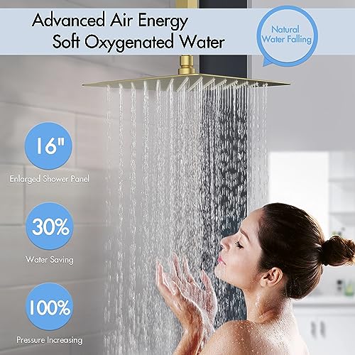 Image of Shower Faucet Set Brushed Gold,Thermostatic Shower System with Body Jets,16 inch Ceiling Rainfall Faucet Set with with 6 PCS Dual Modes Body Jets(3 Inch) Can All Run Together