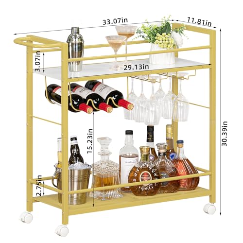 Joaxswe Bar Cart,Home Bar Serving Cart with Large Storage Space, 2 Tier Rolling Beverage Cart with Wheels, Modern Wine Cart with Wine Rack and Glass Holder for Kitchen, Living Room,Dinning Room,Gold