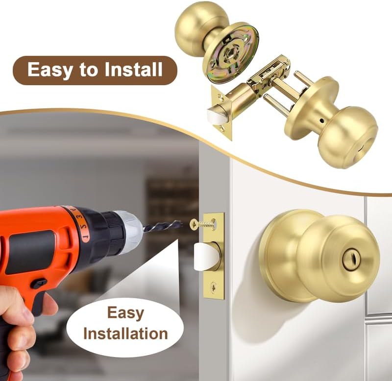 Probrico Brass Door Locks for Bedroom, Interior Door Knobs with Privacy Lock, Bathroom Door Handles, Copper Material, Keyless, 6 Pack