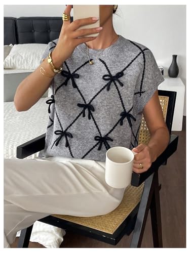 Image of SOLY HUX Women's Short Sleeve Sweater 3D Floral Sweaters Pullover Tank Tops Knit Vest Trendy Fashion Clothing
