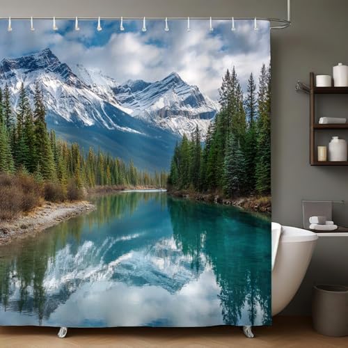 Smaragdgrün Duschvorhang Schnee Berg Fluss Landschaft wasserdicht Polyester Badewanne Badezimmer Vorhang mit 12 Haken Hotel maschinenwaschbar schnell trocknend 180x180 cm
