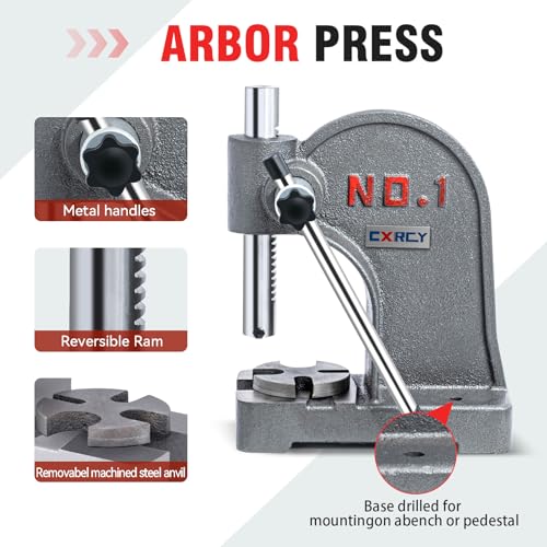 Image of CXRCY Arbor Press 1 Ton Round Ram, Cast Iron Heavy duty Upgraded Manual Arbor Press 1 Ton, 5.5 inch Maximum Height, Desktop Arbor Press, Metal Punch Press Machine for Stamping Bending Forming Stretching