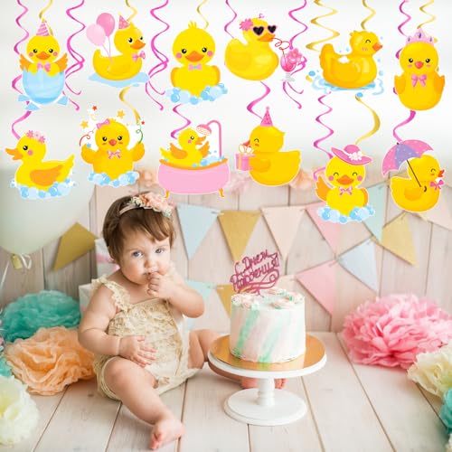 Image of Pink Rubber Duck Hanging Swirls Rubber Duck Birthday Decorations 20PCS Duck Party Hanging Decorations Yellow Duck Ceiling Streamers for Girls Duck Themed Baby Shower Supplies