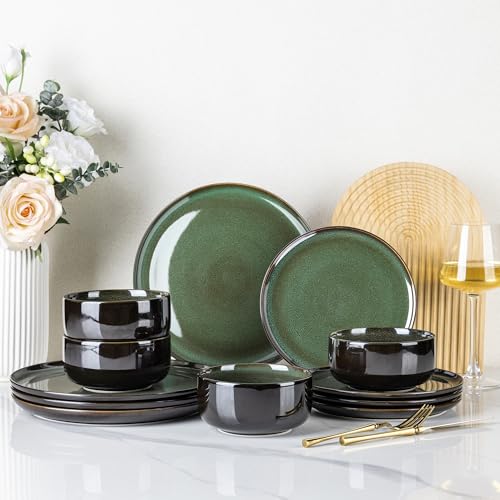 Image of LeRatio Ceramic Dinnerware Sets for 4,Porcelain Plates and Bowls Sets, Reactive Glaze Dishes Set,Chip Resistant and Scratch Resistant | Oven&Dishwasher & Microwave Safe,Service for 4-Green&Black