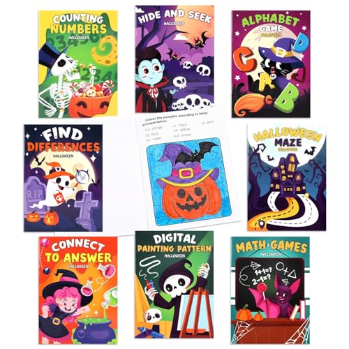 SULOLI Libri da Colorare e Attività di Halloween, Pacco da 8 Libri da Colorare di Halloween,Gioco di Abbinamento Labirinti Pagine da Colorare per Bambini di 4-8 anni
