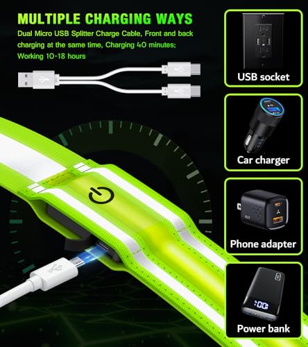 LED Reflective Running Gear High Visibility Reflective Belt Sash with Armband for Walking at Night,Adjustable Running Safety Gear Light Up Running Belt for Runners Walkers Men Women (Green)