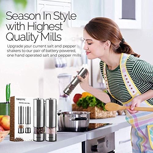 Electric Pepper Mill Set Battery Operated Salt Grinder Stainless Steel Spices Seasoning Shaker, Adjustable Coarseness, Corrosive Ceramic Rotors, LED Light, Transparent Container Design (Pack of 2)
