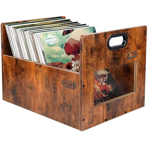 Upgraded Vinyl Record Storage Box, Vinyl Record Holder, Record Album Storage for Vinyl Records, Vinyl Record Organizer for 80+ Records, Vintage Wood Lp Record Crate with Handle for Book, File, CD Cover
