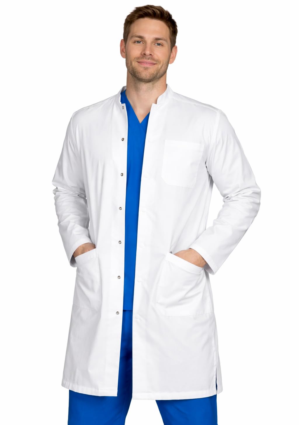 B-well Antonio Camice Laboratorio Uomo Cotone e Polyester Camice Medico Uomo con Maniche Lunghe, 3 Tasche e Fissaggio con Bottoni Automatici