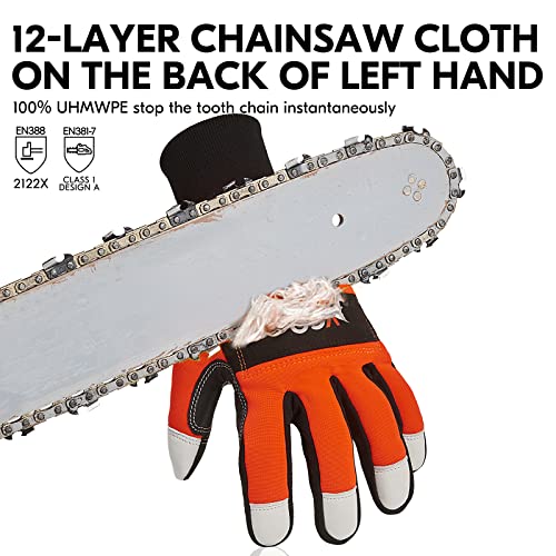 Vgo... Chainsaw Gloves 12-Layer Protection on Left Hand, Safety Forestry Work Gloves with Touchscreen in Goat Leather(XL,1Pair) - Image 2