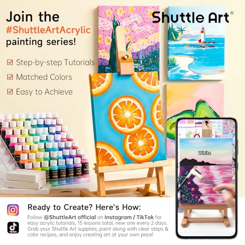 Image of 72 Pack Acrylic Paint Set, Shuttle Art 60 Colors Acrylic Paint Including Extra White Black & 12 Brushes, 2oz /60ml, Rich Pigmented, Water Proof, Ideal for Artists, Beginners on Canvas Rock Wood Ceramic