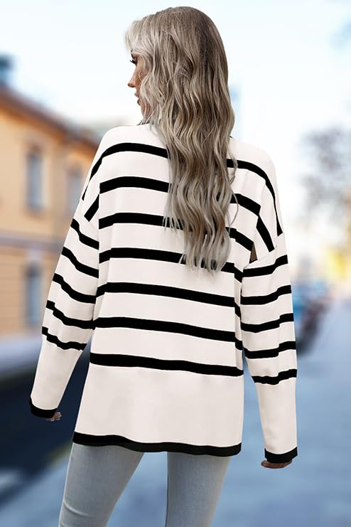 Image of Women's Turtleneck Oversized Sweaters Long Sleeve Split Hem Striped Knit Pullover Tops