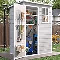 VONZOY Resin Outdoor Storage Shed with Floor, 5x3FT Plastic Garden Shed, Lockable Door & Window, Waterproof Tool Shed for Bike, Garbage Can, Lawn Mower, Patio Furniture Bedge