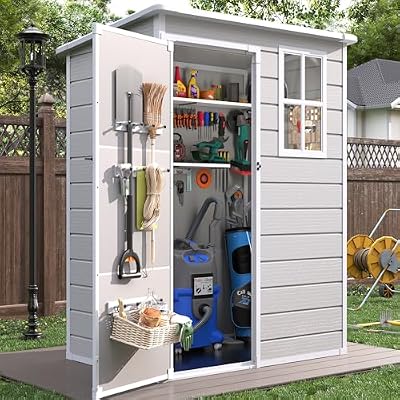 VONZOY Resin Outdoor Storage Shed with Floor, 5x3FT Plastic Garden Shed, Lockable Door & Window, Waterproof Tool Shed for Bike, Garbage Can, Lawn Mower, Patio Furniture Bedge