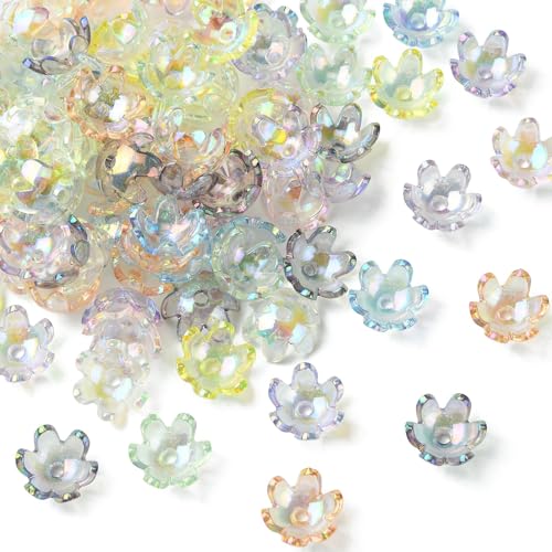 Gythara 100 pcs Mixed Colors Iridescent Flower Theme Acrylic Bead Caps Transparent UV Plated Floral Spacer End Caps for DIY Jewelry Necklace Bracelet Earring Keychain Craft Decor