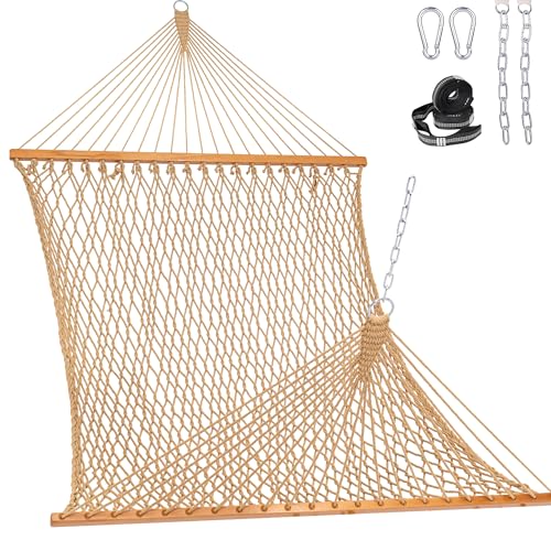 Lazy Daze Hammocks Double Rope Hammock, 2 Person Traditional Outdoor Hand Woven Cotton Rope Hammock with Spreader Bar, Chains, Tree Straps for Patio Yard - Max 450 Lbs, Tan