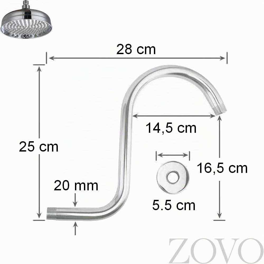 ZOVO 20 cm Tradizionale Soffione Doccia a Pioggia. Rotondo, Fisso, Regolabile. Anti-Calc Jets 140 Pezzi. Finitura In Cromo, Corpo In Ottone. Design Retrò. Giunto 1/2". Braccio Doccia Gratuito.