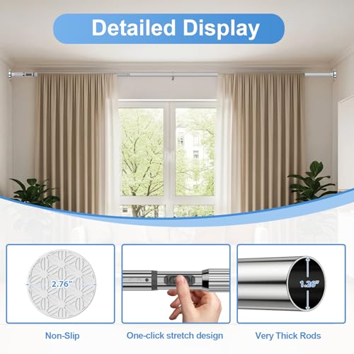 Image of Long Tension Rod 41-126inch Silver Tension Curtain Rods no Drilling | 1.26 inch Diameter Outdoor Curtain Rod for Patio,Windows,Anywhere Heavy Duty Spring Rods Adjustable