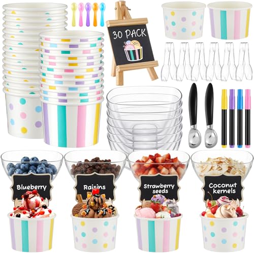 Ferrochef 85 Pcs Ice Cream Party Supplies Kit – Ice Cream Bar Decorations Set with Cups, Scoops, Salad Bowls Withtongs, Tasting Spoons, Chalkboard & Markers — Ideal for Birthday, Summer Party