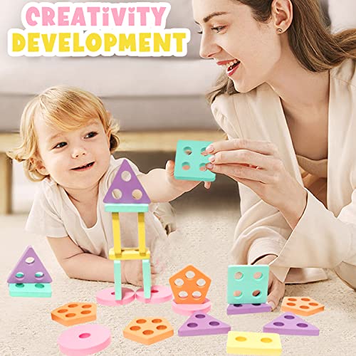 Wooden Shape Sorting Stacking Toys: Montessori Puzzle Color Sorter For 1 2 3 Year Old Baby 1-3 Toddlers 18 Months Educational Learning Wood Blocks Stacker Geometric Stack Sort Age 4 5 Boy Girl Kid Peg #TOP5