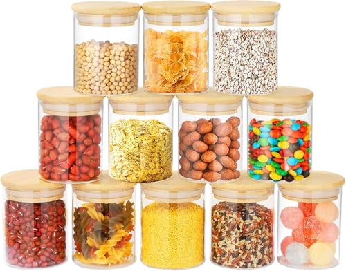 Image of Glass Jars Air Tight Canister Borosilicate Kitchen Food StorageRound jar 220 ml Container Set With Natural Bamboo Lids For Sugar, Pasta, set of 12(12, Round BAMBOO LID GLASS JAR 220ml -)