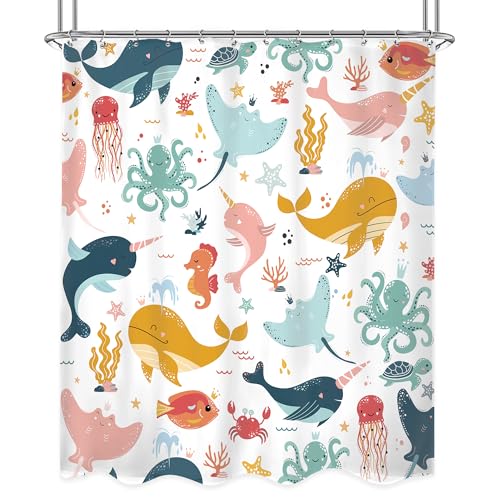 Riyidecor Ocean Kids Shower Curtain 60Wx72H Inch Funny Whale Cartoon Fish Animal Dolphin Underwater Marine Inspirational Quotes Nursery Bathroom Decor Fabric Polyester Waterproof 12 Pack Hooks - Image 6