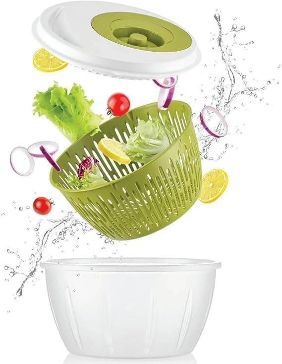 EYNEL Pratik Salata Kurutucu, Sebze Yeşillik Marul Yıkama ve Kurutma Kabı Leğen Şeklinde Çevirmeli (Beyaz-Gri)