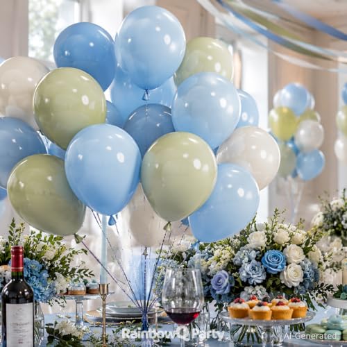 Image of RainbowQ Sage Green and Blue Balloons: 67PCS 12 inch Light Blue Green Sand White Latex Helium Dusty Balloons Set for Anniversary Boho Wedding Birthday Party Decorations