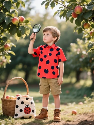 Image of COSLAND Boys Ladybug Hawaiian Shirt Kids Animal Print Insect Button Down Shirt, Red, Large