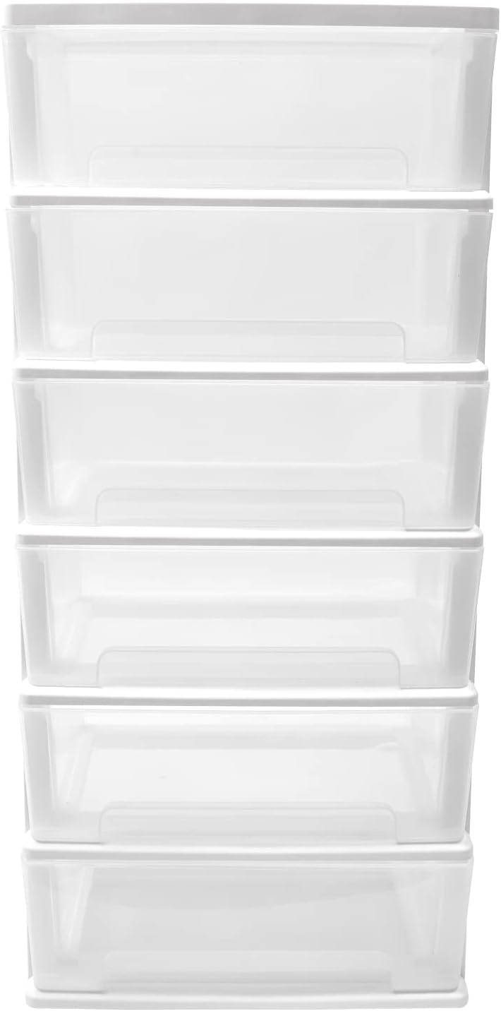 Drawer Tower, 6 Rolling Storage Carts, Black Frame - Multi-Purpose Storage Tower for Closet, Living Room, Bedroom, and Office Organization (White)