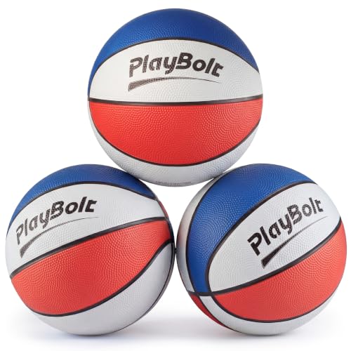 PlayBolt Size 3 Mini Basketballs (3 Pack) - 7-Inch Junior Rubber Basketball Set w/Pump - Youth Beginner Kids Basketballs for Backyard Pool Parties Arcade Games Practice & Play