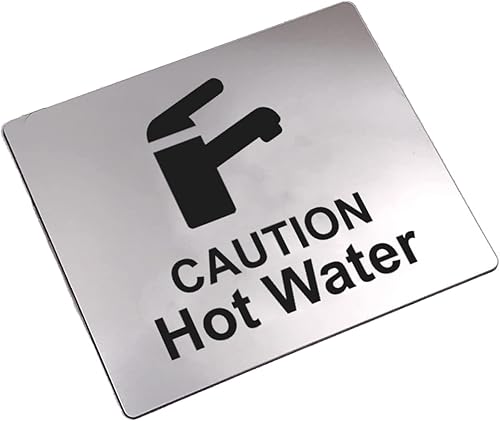 Miniatura 1 de Precaution - Letrero de agua caliente, con adhesivo en la parte posterior, plateado metálico, grabado en negro con símbolo de icono universal y