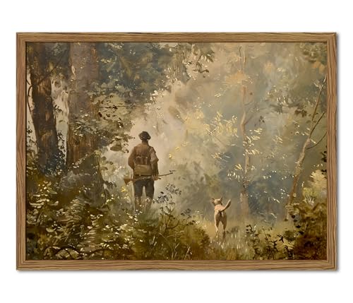 Image of Vintage Hunting Wall Art Cottagecore Country Wall Decor Picture Moody Forest Landscape Poster Painting Canvas Prints for Bedroom Living Room Farmhouse 16x24 inch Wood Framed