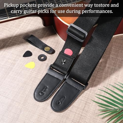 Xyembu Guitar Strap, Acoustic Electric Guitar Straps, Bass Guitar Straps, Adjustable Leather Ends Woven Simple with Pick Pocket, Pads, Leather lanyard