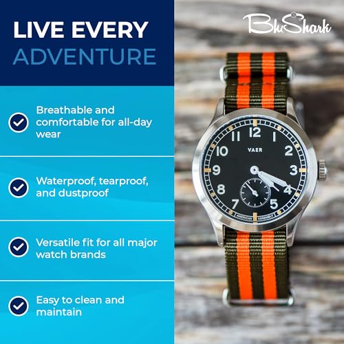 Image of BluShark - Original Collection Military-Style Waterproof Watch Strap, Fits All Timepiece Brands, Durable Nylon Wristwatch Accessories with Stainless Steel Buckle - 18mm, 20mm, 22mm & 24mm Watch Bands