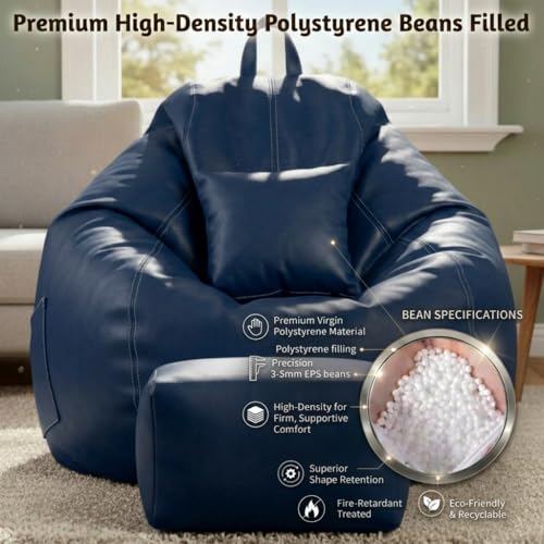 Image of KAM'S LIEU 5XL Luxury Faux Leather Bean Bag with Footrest & Cushion | Pre-Filled High-Density Polystyrene Beans | Premium Leatherette | 6 Months Warranty Color- (Navy Blue, Without Footrest)