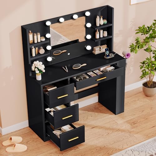 DWVO Vanity Desk with Mirror and Lights, 40in Makeup Vanity Table with Power Outlet, 4 Drawers & Storage Shelves, 3 Lighting Color Adjustable, Black Dressing Desk for Bedroom