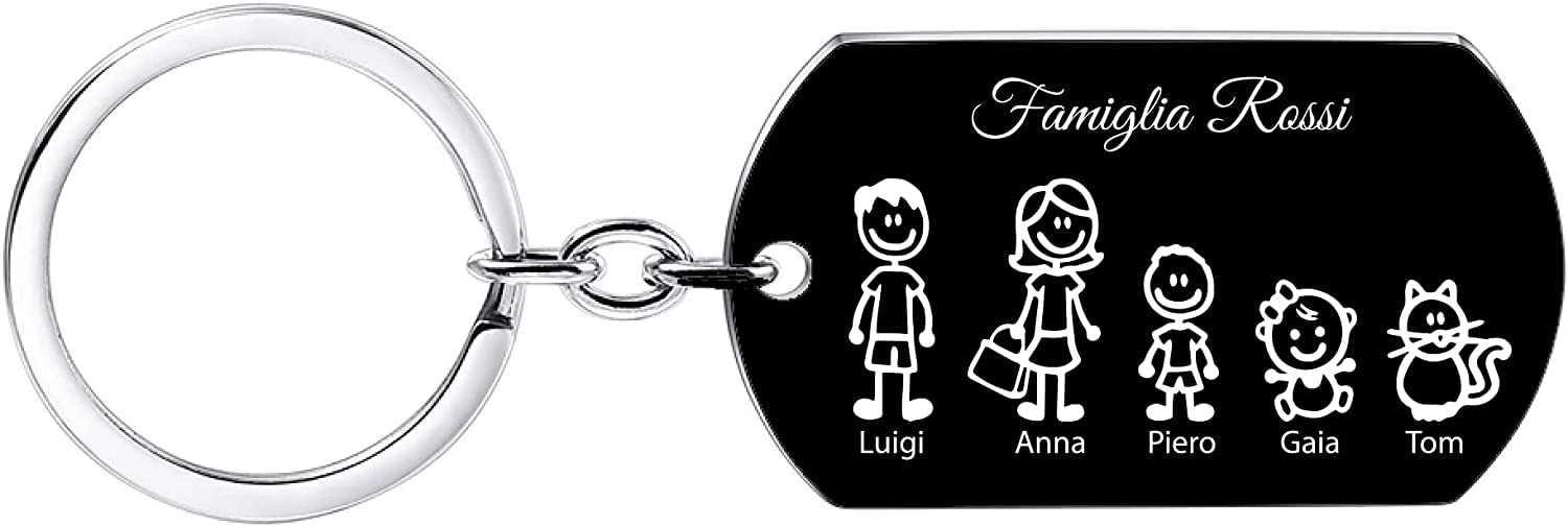 Stileitaliano portachiavi personalizzato piastrina family argento con incisione porta chiavi militare personalizzabile per famiglie in alluminio idea regalo… (02 - Family Nero)