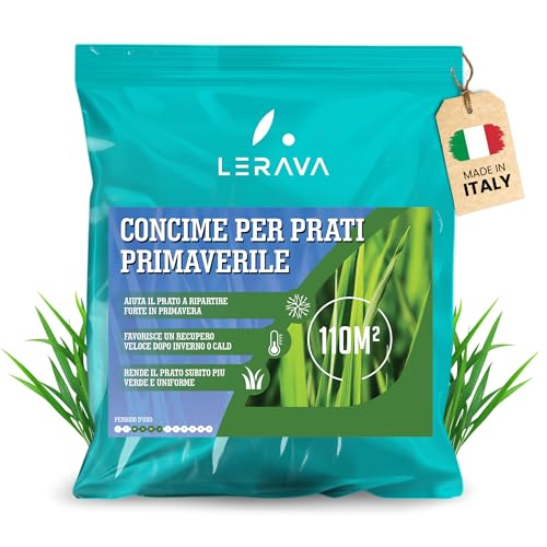 LERAVA Concime Prato Primavera (110m²) - Fertilizzante per Prato Verde e Rigoglioso - Concime Azotato Antimuschio a Lenta Cessione - Rigenerazione e Nutrizione del Tappeto Erboso per Tutta la Stagione