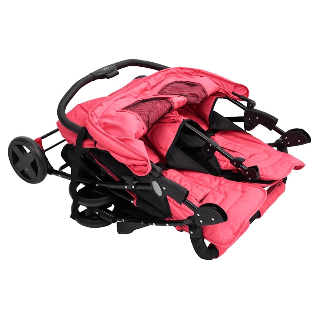 vidaXL Carrito para Gemelos Cochecito Sillita Gemelar Silla de Paseo Canasta Niños Reposapiés Ajustable Dosel Plegable de Acero Rojo