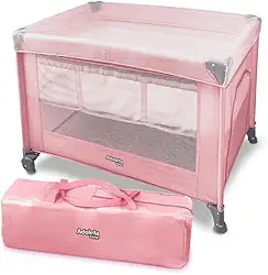 Berço Portátil Infantil Multifuncional Cercado com Mosquiteiro e Abertura Lateral (Rosa)