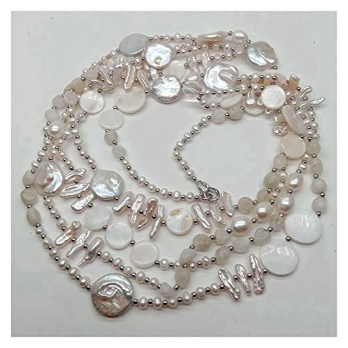 Oitto Necklace 4 Strands Natural Multi Shape Freshwater Pearl White Coin Shell Moonstone Free Form Shell Statement Necklace 28Inch #TOP2