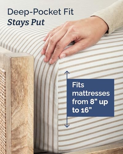 Image of Twin XL 4 Piece Sheet Set - College Dorm Room Essentials - Beige Stripes | Ultra Soft Dorm Bedding Set, 8 inch to 16 inch Inch Deep Pockets, 1 Flat & 1 Fitted Sheet & 2 Pillowcases, Wrinkle & Fade Free