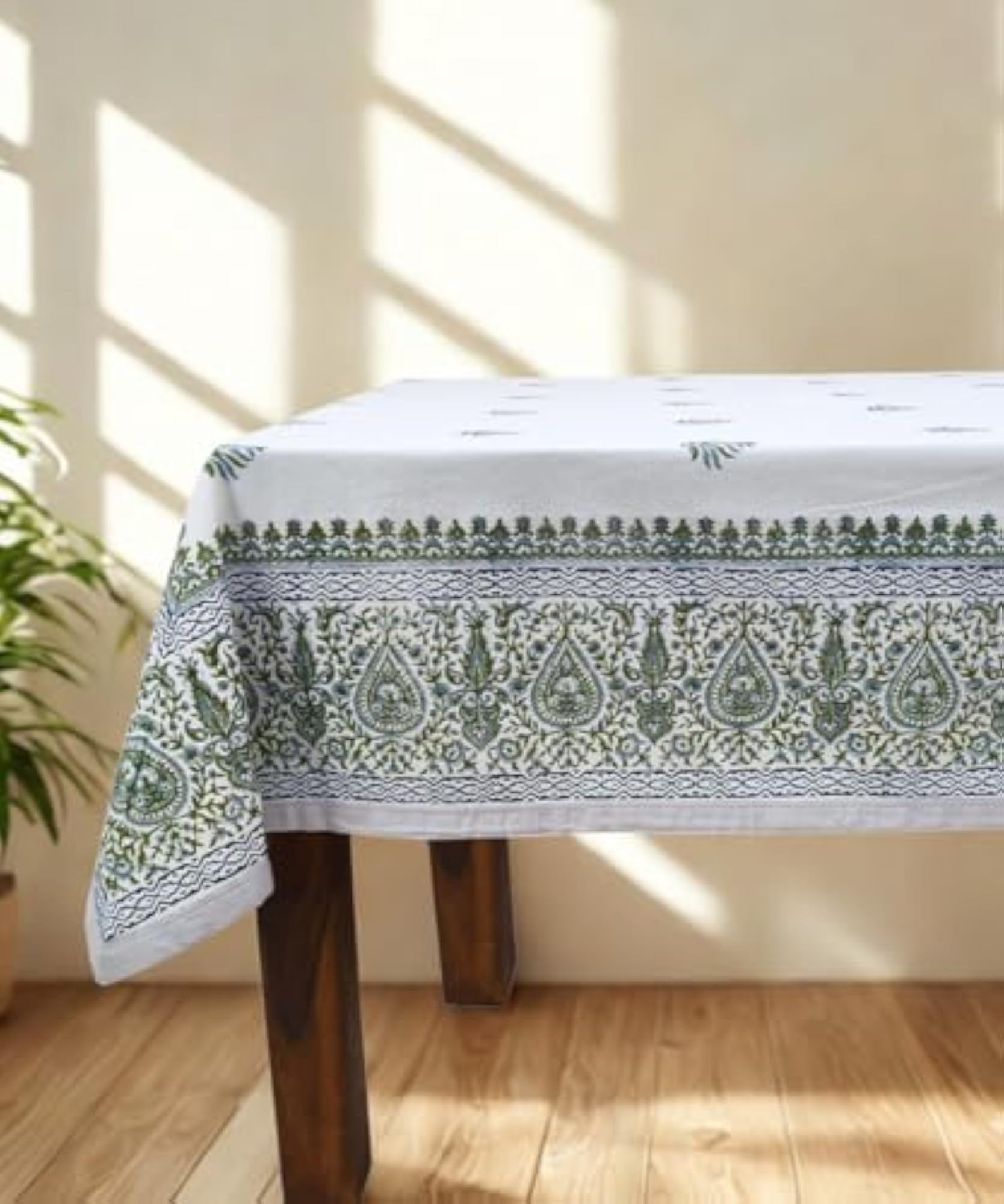 6 Seater Hand Block Printed Off White, Blue & Green Table Cloth